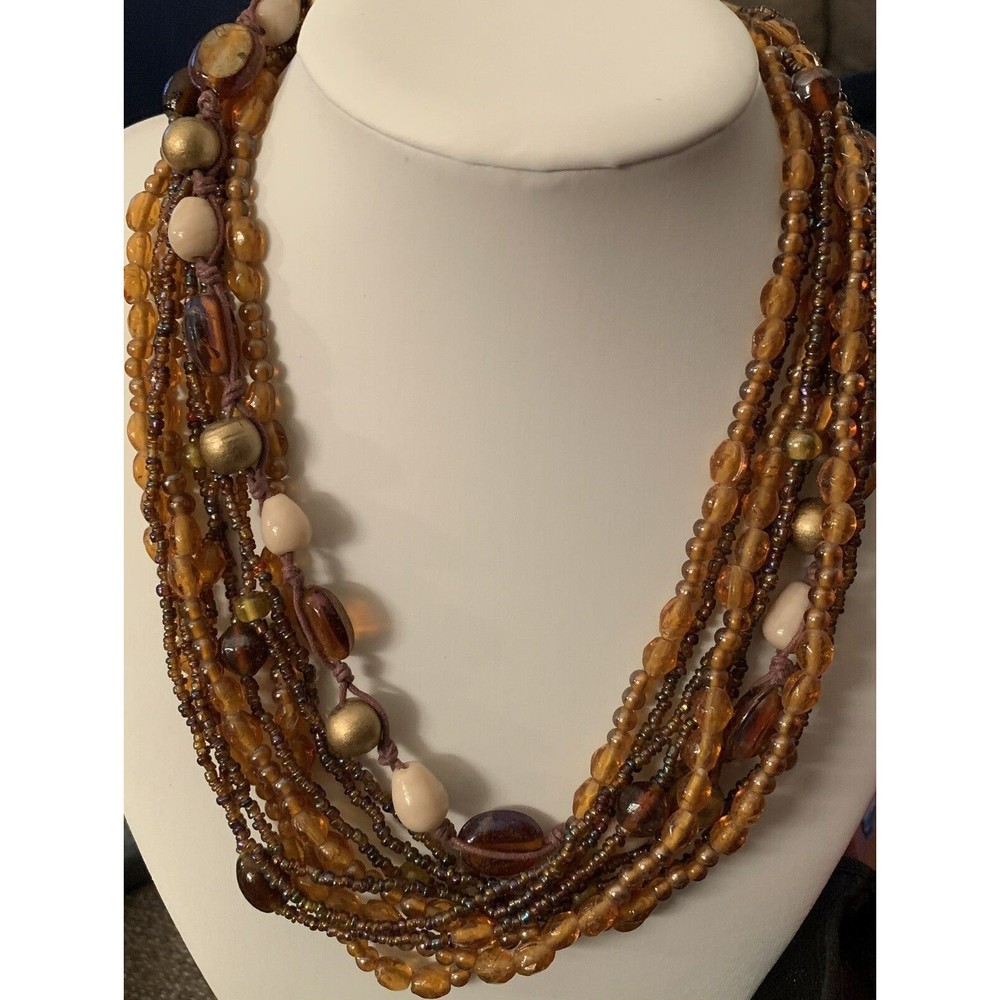 BoHo Orange Brown Color Glass Bead Multi Strand Necklace 17" 120G